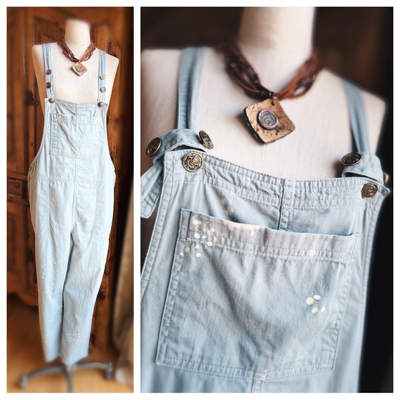 OOAK Vintage Spiderwear Sage Cotton Artisan Repurposed Overalls M/L - Picture 3 of 12
